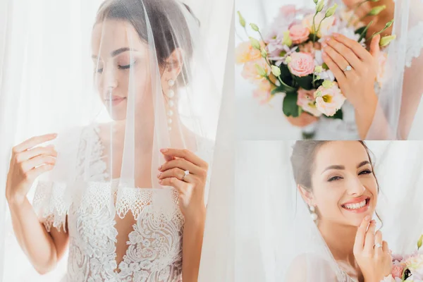 Коллаж юной брюнетки невесты касаясь вуали, держа букет и глядя на камеру возле штор — стоковое фото