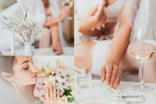 Collage de novia sosteniendo ramo y tocando horquilla cerca de copa de vino y perfume en la mesa de café - foto de stock