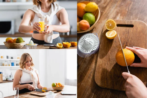 Коллаж женщины режет апельсин возле соковыжималки и держит стакан с апельсиновым соком — стоковое фото