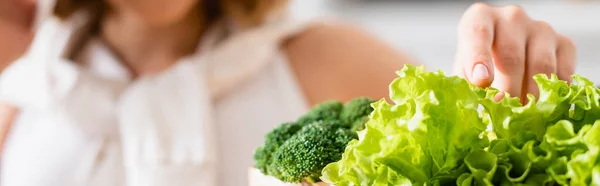 Horizontal crop of woman touching fresh lettuce near broccoli — Stock Photo