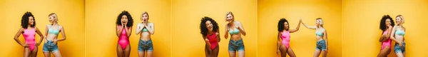 Colagem de jovens multiculturais em roupa de verão posando e gesticulando em amarelo, imagem horizontal — Fotografia de Stock