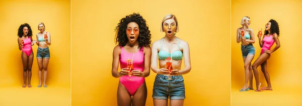 Collage of excited multicultural women in summer outfit holding cocktail glasses on yellow, horizontal image — Stock Photo