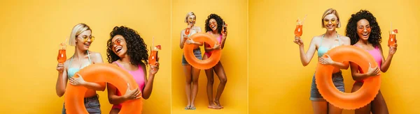 Collage of interracial friends with swim ring and cocktail glasses on yellow, panoramic shot — Stock Photo