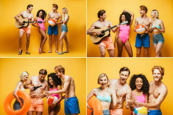 Collage of multicultural friends in summer outfit with guitar, champagne glasses, inflatable ball and ring on yellow — Stock Photo