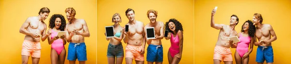 Colagem de amigos multiculturais tomando selfie no smartphone, usando e mostrando gadgets em amarelo, conceito panorâmico — Fotografia de Stock
