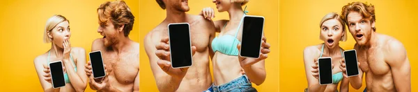 Colagem de homem sem camisa chocado e mulher loira mostrando smartphones com tela em branco isolado em amarelo, colheita panorâmica — Fotografia de Stock