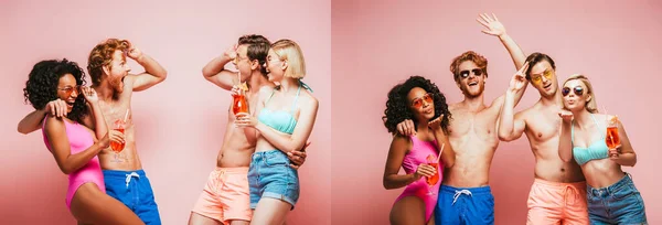 Collage de amigos excitados mirándose, agitando las manos y soplando besos de aire aislados en rosa - foto de stock