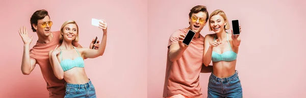 Collage of couple in swimsuit and sunglasses having video call and showing smartphones on pink background — Stock Photo