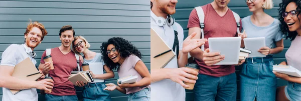 Зіткнення багатоетнічних студентів з кавою для того, щоб піти з гаджетами на міській вулиці — стокове фото