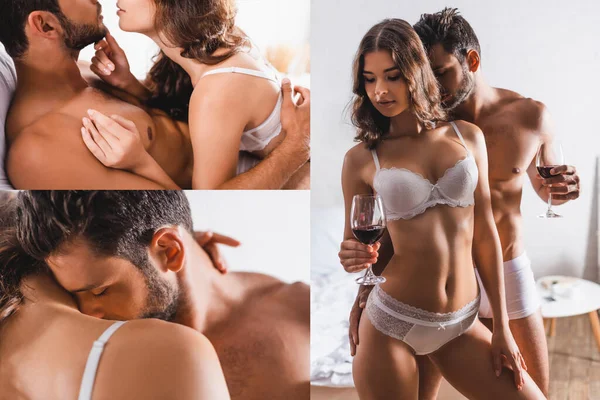 Collage von sexy Paar umarmt und hält Gläser Wein im Schlafzimmer — Stockfoto