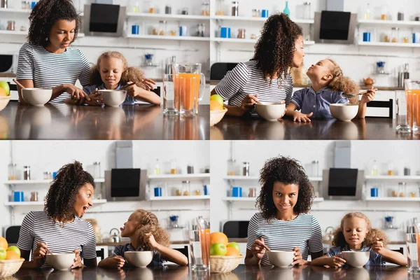 Collage di madre e figlia afro-americana vicino a ciotole, succo d'arancia e frutta, guardarsi e sghignazzare durante la colazione — Foto stock