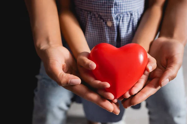 Partial view of african american mother and daughter holding red heart model in cupped hands together — Stock Photo