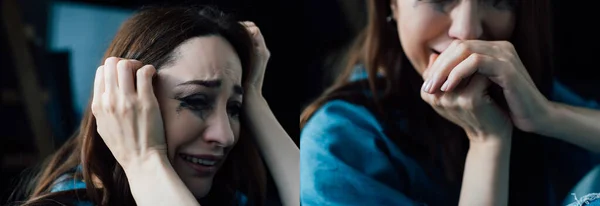 Collage einer deprimierten brünetten Frau mit geflossener Wimperntusche, die zu Hause weint — Stockfoto