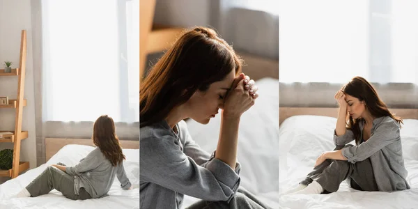 Collage de mujer morena deprimida con los ojos cerrados tocando la cabeza y sentado en la cama en el dormitorio - foto de stock