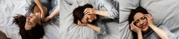 Collage einer brünetten Frau, die Migräne hat, unter Schmerzen leidet, den Kopf berührt und auf dem Bett liegt — Stockfoto
