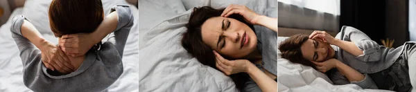 Collage of brunette woman having migraine, suffering from neck pain, touching head and lying on bed — Stock Photo