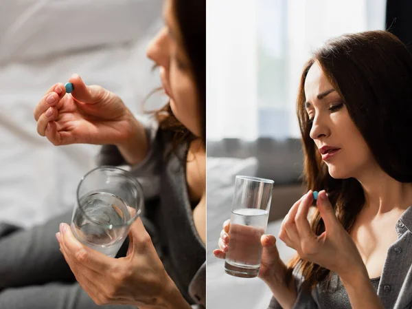 Collage of woman holding pill and glass of water at home — Stock Photo
