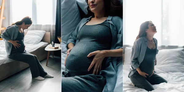 Колаж вагітної жінки, що страждає від болю на ліжку — стокове фото
