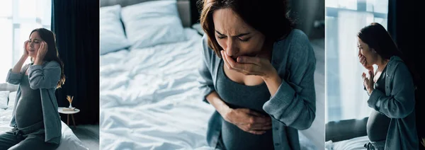 Collage of pregnant woman covering mouth while having nausea at home — Stock Photo