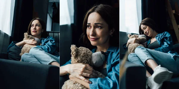Collage of upset brunette woman holding teddy bear and looking away in living room — Stock Photo