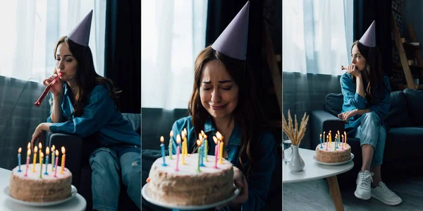 Collage de mujer triste soplando cuerno de fiesta, sentado en el sofá y llorando cerca de pastel de cumpleaños - foto de stock