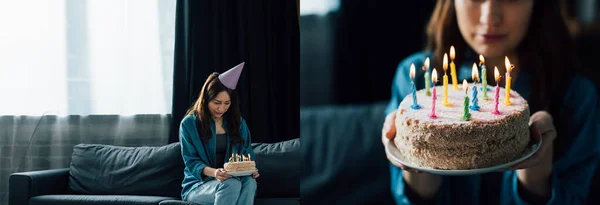 Collage of frustrated woman in party cap sitting on sofa and holding birthday cake with candles — Stock Photo