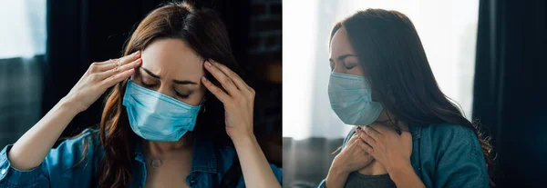 Колаж брюнетки в синій медичній масці торкається горла і голови вдома — стокове фото