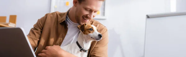 Cosecha horizontal de joven empresario sosteniendo gato blanco russell terrier perro con manchas marrones en la cabeza en la oficina - foto de stock