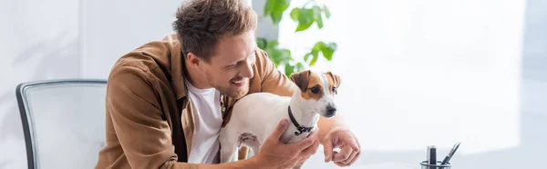 Plano panorámico de joven hombre de negocios señalando con el dedo cerca de jack russell terrier perro en la oficina - foto de stock