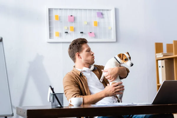 Joven empresario celebración jack russell terrier perro mientras sentado en el lugar de trabajo - foto de stock