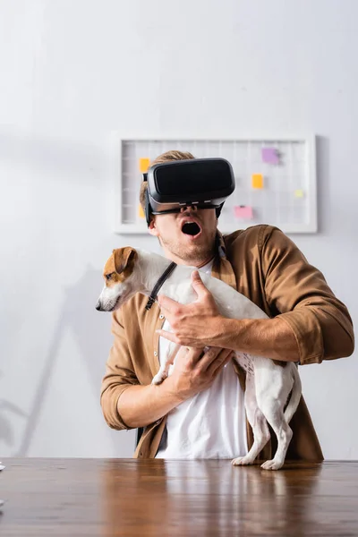 Frightened businessman in vr headset holding jack rassell terrier dog in office — Stock Photo
