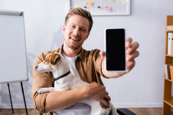 Selective focus of businessman showing smartphone with blank screen while holding jack russell terrier dog — Stock Photo