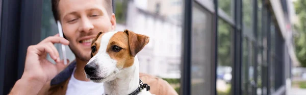 Сайт заголовок человека с Джек Рассел терьер собака разговаривает по мобильному телефону на улице — стоковое фото