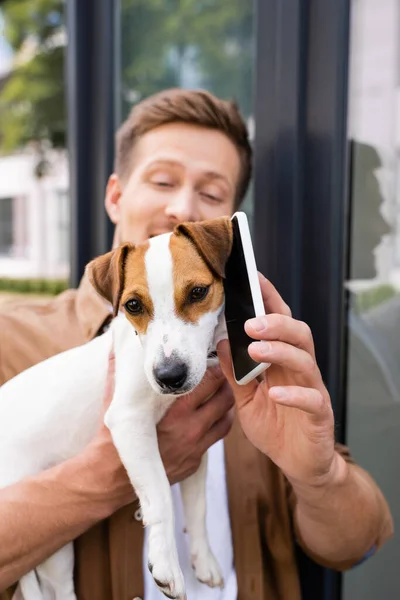 Enfoque selectivo de hombre joven sosteniendo el teléfono móvil cerca de la oreja de Jack Russell terrier perro en la calle - foto de stock