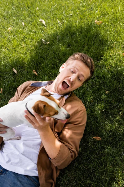 Aufgeregter Mann liegt mit Jack Russell Terrier-Hund auf grünem Rasen — Stockfoto