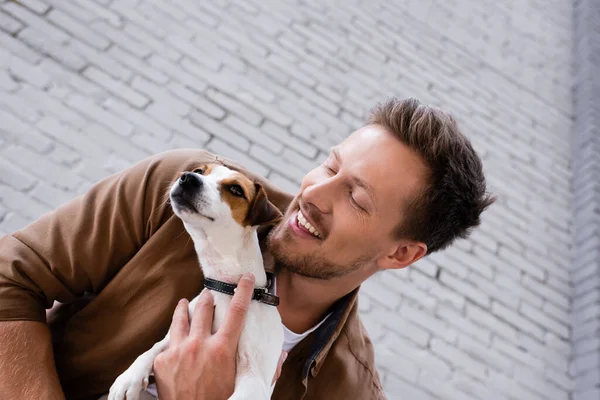 Baixo ângulo de visão do jovem abraçando Jack Russell terrier perto do edifício — Fotografia de Stock