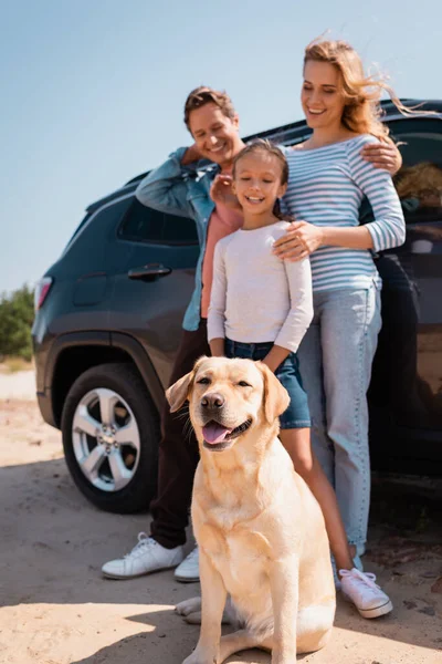 Selective focus of golden retriever sitting near family and auto outdoors — Stock Photo