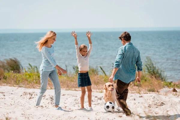 Selective focus of kid playing with parents in football near golden retriever on beach — Stock Photo