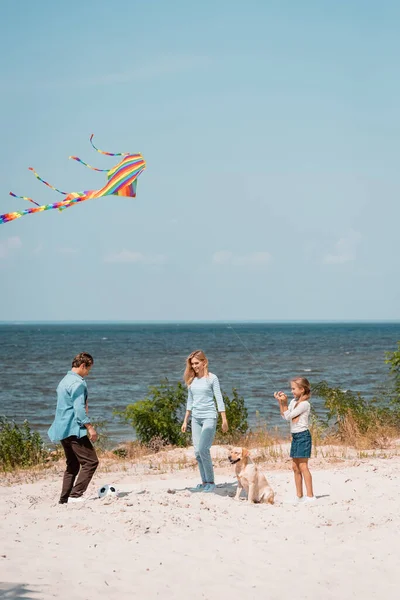 Famiglia con golden retriever che gioca con calcio e aquilone in spiaggia — Foto stock