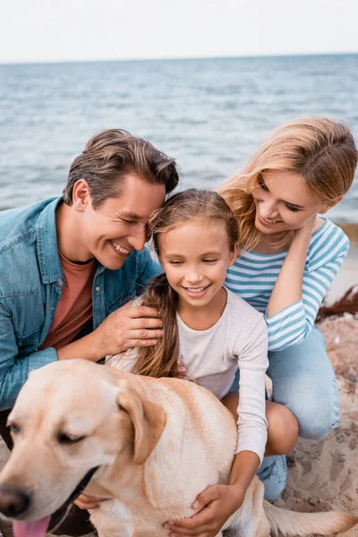 Избранное внимание отца обнимающего дочь рядом с женой и золотистым ретривером на пляже — стоковое фото