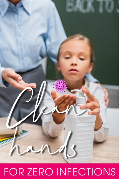 Selective focus of schoolgirl applying hand sanitizer near teacher and clean hands for zero infections lettering in classroom — Stock Photo