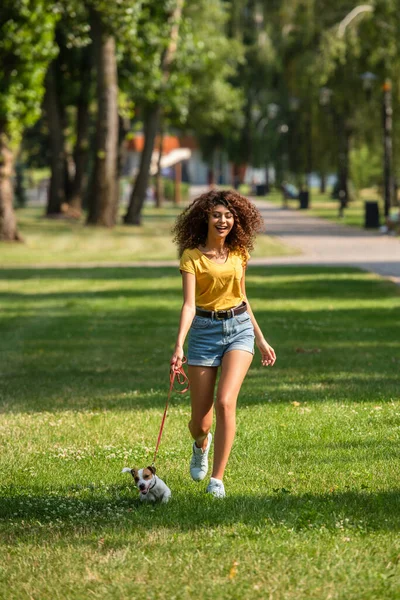 Selective focus of young woman walking and keeping dog on leash — Stock Photo