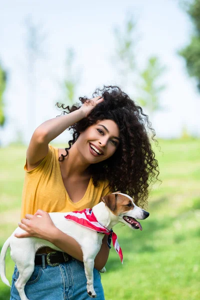 Joyful, brunette woman touching curly hair while holding jack russell terrier dog — Stock Photo