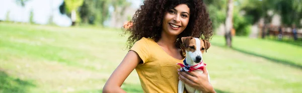 Horizontal crop of joyful, curly woman looking at camera while holding jack russell terrier dog — Stock Photo