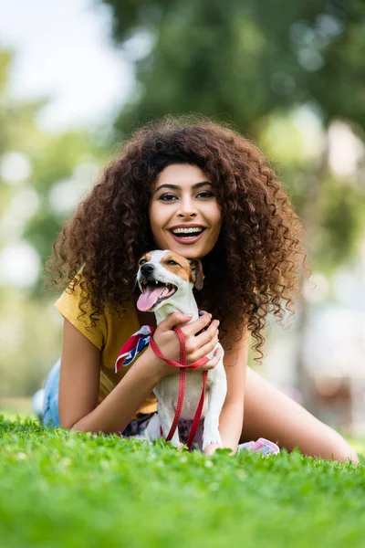 Aufgeregte Frau lacht und blickt in die Kamera, während sie mit Jack Russell Terrier-Hund auf grünem Rasen liegt — Stockfoto