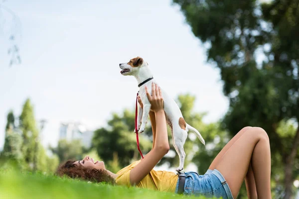 Vista a nivel de la superficie de la mujer excitada en traje de verano celebración de gato russell terrier perro mientras está acostado en la hierba en el parque - foto de stock