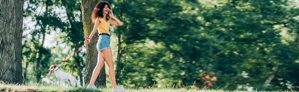 Website header of curly woman in summer outfit talking on mobile phone while walking with jack russell terrier dog in park — Stock Photo