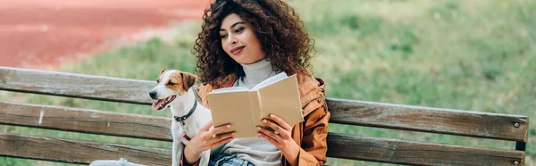 Raccolto orizzontale di donna riccia tenendo libro mentre seduto sulla panchina con jack russell terrier cane — Foto stock