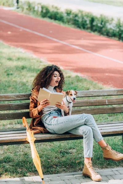Aufgeregte Frau im Herbst-Outfit hält Buch in der Hand, während sie mit Jack Russell Terrier-Hund auf Bank sitzt — Stockfoto