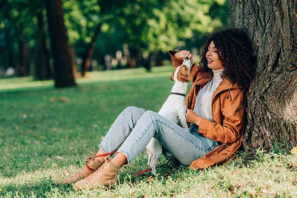 Focus sélectif de la femme en imperméable jouant avec Jack Russell Terrier près de l'arbre dans le parc — Photo de stock